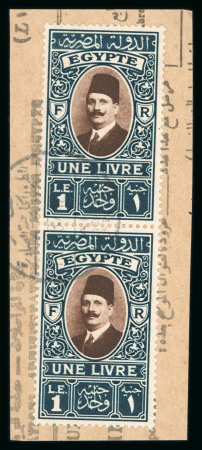Stamp of Egypt » 1922-1936 King Fouad I Definitives » Issued Stamps 1927-37 King Fouad 2nd Portrait Issue: £E1 Deep green and deep brown, vertical pair tied on parcel card fragment