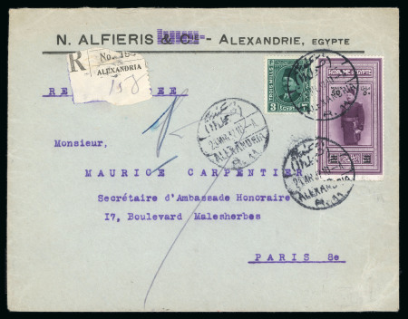 Stamp of Egypt » 1922-1936 King Fouad I Definitives » Issued Stamps 1932 Surcharges: 50m on 50pi Purple, neatly tied on 1932 (23.1) registered cover from Alexandria