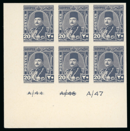 Stamp of Egypt » 1936-1952 King Farouk Definitives  » Issued Stamps 1944-51 King Farouk "Military" Issue: 20m Slate-violet, imperforate, Royal Cancelled on reverse, control block of six, numbered "A/47"