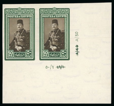 Stamp of Egypt » 1936-1952 King Farouk Definitives  » Issued Stamps 1944-51 King Farouk "Military" Issue: 50pi Green and sepia, mint imperforate, control horizontal pair, numbered "A/49 A/50"