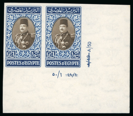 Stamp of Egypt » 1936-1952 King Farouk Definitives  » Issued Stamps 1944-51 King Farouk "Military" Issue: £E1 Blue and sepia, mint imperforate, control horizontal pair, numbered "A/49 A/50"
