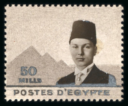 Stamp of Egypt » 1936-1952 King Farouk Definitives  » Essays 1936 Essays for the Young Farouk Portrait: Hand-painted essay on a perforated card for the 50m value in the design of the 30m