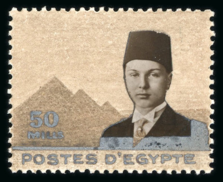 Stamp of Egypt » 1936-1952 King Farouk Definitives  » Essays 1936 Essays for the Young Farouk Portrait: Hand-painted essay on a perforated card for the 50m value in the design of the 30m