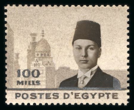 Stamp of Egypt » 1936-1952 King Farouk Definitives  » Essays 1936 Essays for the Young Farouk Portrait: Hand-painted essay on a perforated card for the 100m value in the design of the 40m