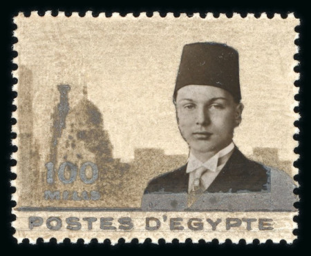 Stamp of Egypt » 1936-1952 King Farouk Definitives  » Essays 1936 Essays for the Young Farouk Portrait: Hand-painted essay on a perforated card for the 100m value in the design of the 40m