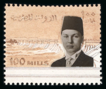 Stamp of Egypt » 1936-1952 King Farouk Definitives  » Essays 1936 Essays for the Young Farouk Portrait: Stamp-sized hand-painted essay on a perforated card for the 100m value