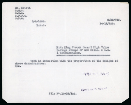 Stamp of Egypt » 1936-1952 King Farouk Definitives  » Essays 1936 Essays for the Young Farouk Portrait: Requisition letter signed by A.K.Motawi, with copy to Mr. Hewett, the designer of many of the Survey Department stamps