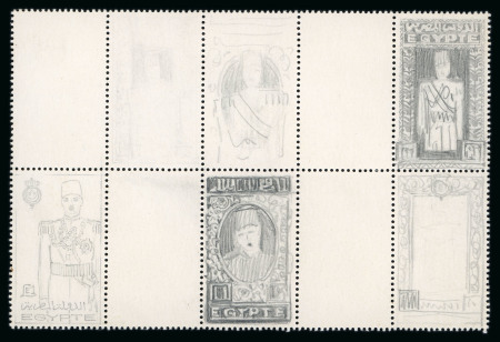 Stamp of Egypt » 1936-1952 King Farouk Definitives  » Essays 1936 Essays for the Young Farouk Portrait: Stamp-sized pencil sketches perforated block of ten on carton, five of which are showing partial designs for the £E1