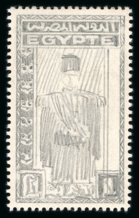 Stamp of Egypt » 1936-1952 King Farouk Definitives  » Essays 1936 Essays for the Young Farouk Portrait: Stamp-sized pencil sketch perforated carton, showing almost complete design for the £E1 value