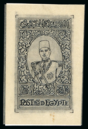 Stamp of Egypt » 1936-1952 King Farouk Definitives  » Essays 1936 Essays for the Young Farouk Portrait: Stamp-sized pen-and-ink drawing on tracing paper, showing complete design for the £E1 value