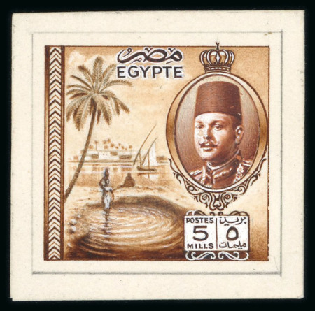 Stamp of Egypt » 1936-1952 King Farouk Definitives  » Essays 1936 Essays for the Farouk "Military" Issue: 5m Stamp-sized unadopted hand-painted essay showing King Farouk's portrait in military attire with the Nile River