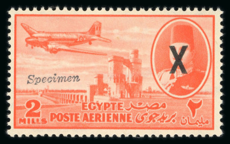 Stamp of Egypt » 1936-1952 King Farouk Definitives  » Essays 1953 Airmail essays for the King Farouk Issue: 2m vermilion showing "X" obliteration on Farouk's face and Specimen overprint