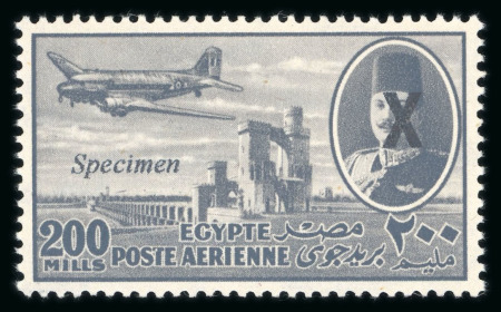 Stamp of Egypt » 1936-1952 King Farouk Definitives  » Essays 1953 Airmail essays for the King Farouk Issue: Complete set of twelve from 2m to 200m showing "X" obliteration on Farouk's face and Specimen overprints