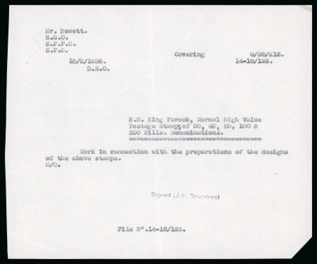 Stamp of Egypt » 1936-1952 King Farouk Definitives  » Essays 1936 Essays for the Young Farouk Portrait: Requisition letter signed by J.H.Rowntree, with copy to Mr. Hewett, the designer of many of the Survey Department stamp