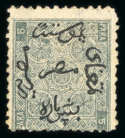 Stamp of Egypt » 1866 First Issue » Issued Stamps 5pa Grey, perforation 12½, inverted wmk, unused, showing position 8 plate flaw "retouch to upper leaf of floral ornament"