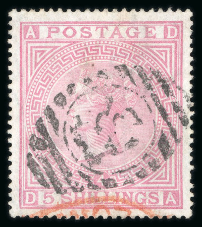 Stamp of Great Britain » 1855-1900 Surface Printed » 1867-83 High Values 1867-1873 wmk Anchor 5s rose on blued paper used