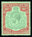 Stamp of Bermuda 1924 wmk Script 10s green and red mint with the "broken crown and scroll" variety