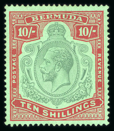 Stamp of Bermuda 1924 wmk Script 10s green and red mint with the "broken crown and scroll" variety