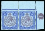 Stamp of Bermuda 1924 wmk Script 2s purple and blue in corner marginal plate 1 pair mint with "broken scroll' variety