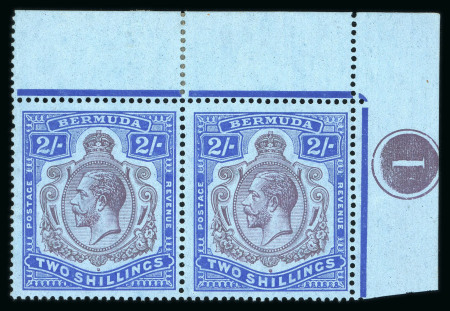 Stamp of Bermuda 1924 wmk Script 2s purple and blue in corner marginal plate 1 pair mint with "broken scroll' variety