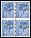 Stamp of Seychelles 1952 9c chalky blue in mint n.h. block of 4, the lower left stamp with error "St. Edward's Crown"