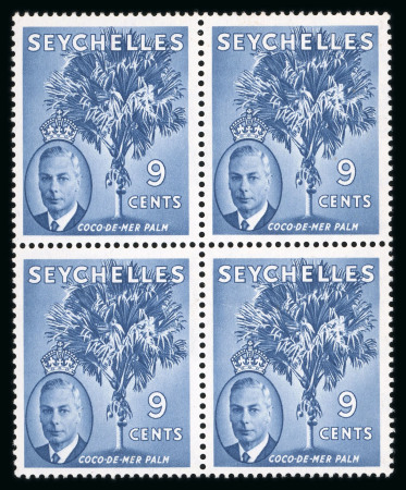Stamp of Seychelles 1952 9c chalky blue in mint n.h. block of 4, the lower left stamp with error "St. Edward's Crown"