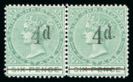 Stamp of St. Kitts-Nevis » St. Christopher 1882 wmk CC 4d grey mint with inverted wmk, another example with reversed wmk and 1886 4d on 6d green with "No stop"