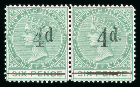 Stamp of St. Kitts-Nevis » St. Christopher 1882 wmk CC 4d grey mint with inverted wmk, another example with reversed wmk and 1886 4d on 6d green with "No stop"