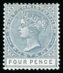 Stamp of St. Kitts-Nevis » St. Christopher 1882 wmk CC 4d grey mint with inverted wmk, another example with reversed wmk and 1886 4d on 6d green with "No stop"