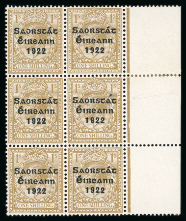 Stamp of Ireland » 1922-23 Thom Three-Line Overprints (T47-T61) 1922-3 Thom 1s bistre-brown in mint marginal block of 6 with one with "accent inserted by hand" variety