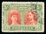 Stamp of Rhodesia 1910 5s vermilion and deep green used, a striking shade