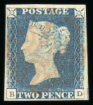 Stamp of Great Britain » 1840 2d Blue (ordered by plate number) 1840, 2d pale blue pl.1 BD with four margins and light strike of red MC