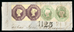 Stamp of Great Britain » 1847-54 Embossed 1847-54 Embossed 1s pale green and 6d dull lilac each in pair on piece
