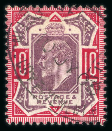 Stamp of Great Britain » King Edward VII » 1902-10 De La Rue Issues 1902-10 10d dull purple and carmine fine used with the "no cross on crown" variety