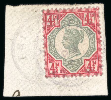 Stamp of Great Britain » 1855-1900 Surface Printed » 1887-1900 Jubilee Issue & 1891 £1 Green GB 1892 Jubilee 4 1/2d green and carmine on piece tied "Tristan da Cunha" cancel