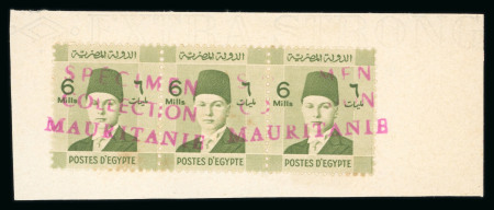 Stamp of Egypt » 1936-1952 King Farouk Definitives  » Issued Stamps 1937-46 Young King Farouk Portrait Issue: 6m Yellow-green, strip of three, affixed on archival paper from the UPU archives of Mauritania