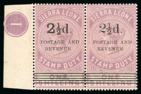 Stamp of Sierra Leone 1897 Type 14 ovpt 2 1/2d on 1s mint se-tenant pair with surcharge types 11 and 13