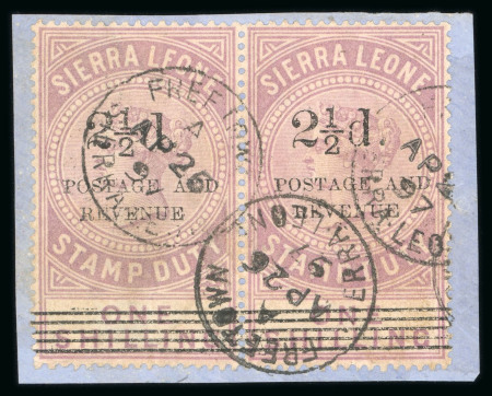 Stamp of Sierra Leone 1897 Type 14 ovpt  2 1/2d on 1s pair with surcharge type 11 with right stamp showing italic "N" in "REVENUE" variety, used