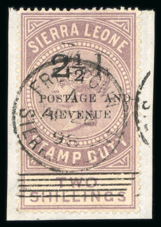 Stamp of Sierra Leone 1897 Type 14 ovpt 2 1/2d on 2s with surcharge type 8 used on piece with Freetown AP 28 98 cds
