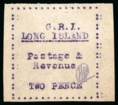 Stamp of Long Island 1916 2d on thin wove paper, initialled in pencil, unused without gum as issued, showing variety "G.R.I" shifted to right