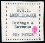Stamp of Long Island 1916 2d black on thin wove paper, initialled in red ink, unused without gum as issued, showing variety "L" in "LONG" doubled