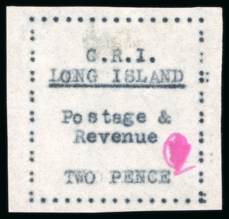 Stamp of Long Island 1916 2d black on thin wove paper, initialled in red ink, unused without gum as issued, showing variety "L" in "LONG" doubled
