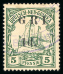 Stamp of New Guinea 1914-15 1d on 5pf "G.R.I." and value 5mm apart, showing variety without stops but with normal spaces, used