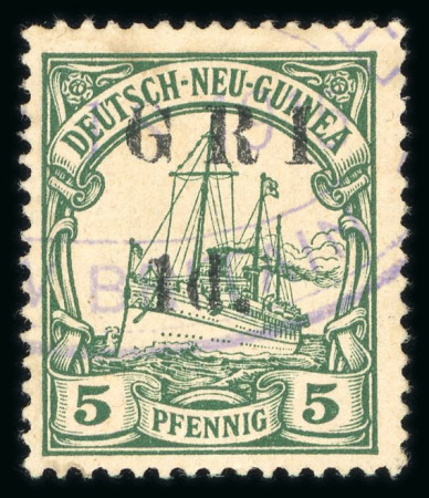 Stamp of New Guinea 1914-15 1d on 5pf "G.R.I." and value 5mm apart, showing variety without stops but with normal spaces, used