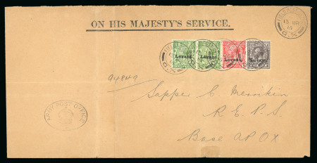 Stamp of British Levant  » Field Post Office in Salonica 1916 1/2d pair, 1d and 9d on OHMS cover tied by Field Post Office "G. X" 13 MR 16 double circle ds