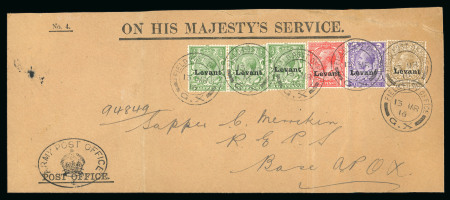 Stamp of British Levant  » Field Post Office in Salonica 1916 1/2d pair and single, 1d, 3d and 1s on OHMS cover tied by Field Post Office "G. X" 13 MR 16 double circle ds