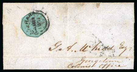 Stamp of British Guiana » 1850 Cotton-Reels (SG 1-8) THE "BURRUS" 8 CENTS COVER: 1850-51, 8 cents black on blue-green used on entire letter from Plantation Profit,