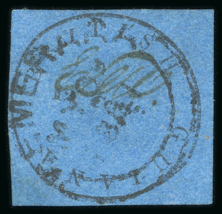Stamp of British Guiana » 1850 Cotton-Reels (SG 1-8) 1850-51, 12 cents black on blue, Townsend Type A, with initials of postal clerk Wight "EDW"