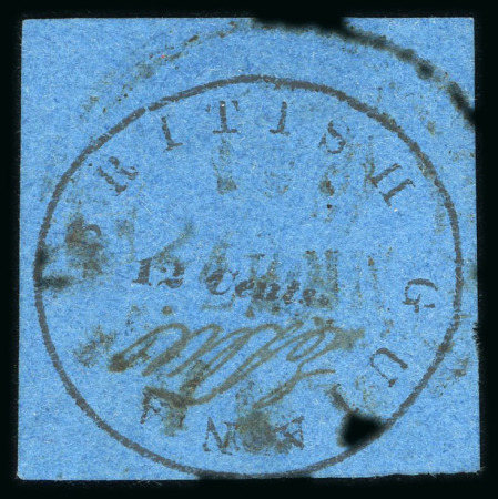 Stamp of British Guiana » 1850 Cotton-Reels (SG 1-8) 1850-51, 12 cents black on blue, on thick paper, Townsend Type B, with initials of postal clerk Wight "EDW"