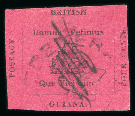 Stamp of British Guiana » 1856 Provisionals (SG 23-27) THE EXTREMELY RARE 4 CENTS ROSE-CARMINE INITIALLED "ETED"
